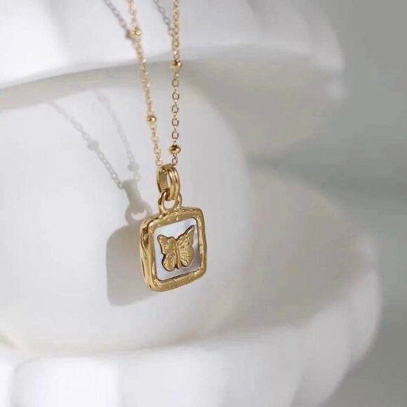 NEW Butterfly Pendant Necklace 18K Plated Beaded Chain Boho Fairy Vintage Style - Picture 7 of 10